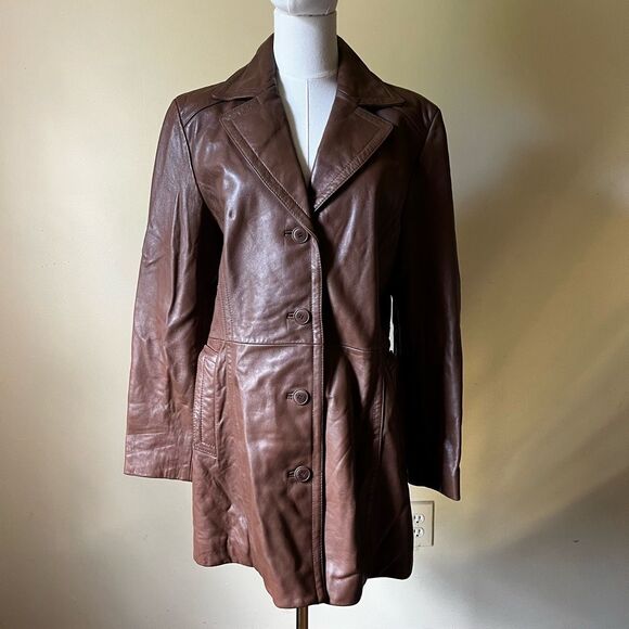 Vintage Nine West Brownβ Leather Coat Large Button Front Y2K Trench Jacket - Picture 11 of 11